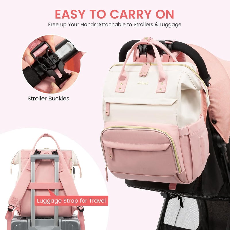 Lovevook Diaper Bag Backpack, Baby Bag with Changing Station, Large Diaper Backpack for Moms Dads, Waterproof Leather Accents Baby Boy and Girl Bag for Travel Baby Essentials, Pink-Beige - Image 4